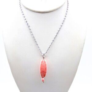 Pink Ceramic Dimensional Pendant Choker, Vintage Silver Tone Eloxal Scroll Chain